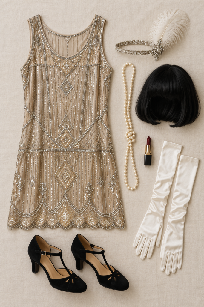 Flat lay of flapper costume pieces: beaded drop-waist dress, sequined headband, pearl necklace, black bob wig, berry lipstick, white satin gloves and T-strap heels