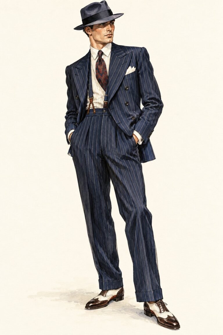 Illustration of a 1920s gangster costume: a man in a navy double-breasted pinstripe suit with wide lapels, a fedora tilted slightly, a pocket square, suspenders peeking out, two-tone wingtip shoes.