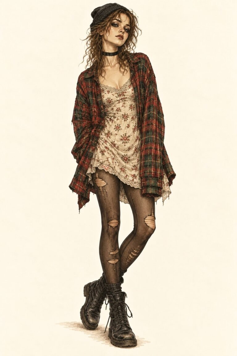 Illustration of a 1990s grunge costume: a young woman with messy shoulder-length hair and dark eyeliner, an oversized open red and green plaid flannel shirt over a short floral slip dress, a black velvet choker, ripped black tights, scuffed black combat boots, a knit beanie, a bored expression.