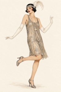 Illustration of a 1920s flapper costume: beaded drop-waist dress, feathered headband, long pearls, white gloves and T-strap heels