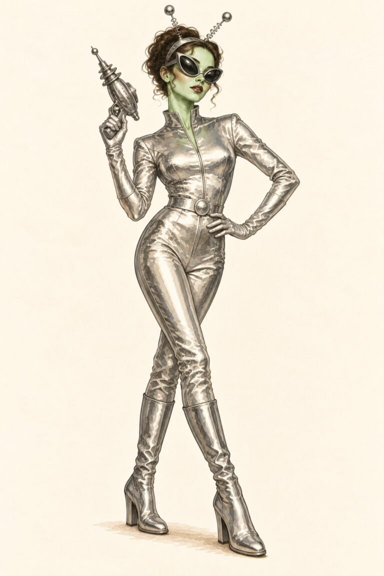 Illustration of a retro 1950s space alien costume: a figure in a shiny silver metallic jumpsuit with a high collar, pale green face paint carried over the ears and neck, a headband with two springy antennae topped with small silver balls, large black wraparound almond-shaped glasses, holding a retro chrome ray gun.