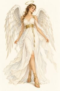 Illustration of a angel costume: a woman in a flowing white gown with a gold belt, large white feathered wings, a floating gold halo, gold sandals, a serene pose.