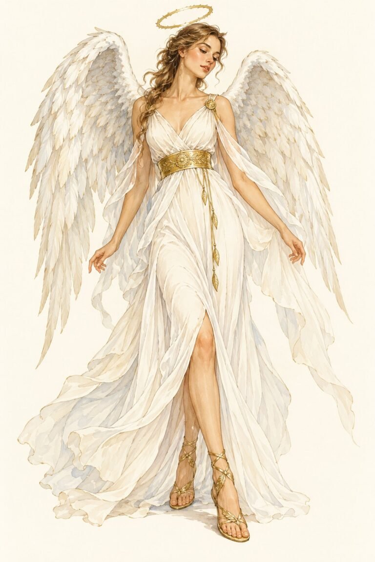 Illustration of a angel costume: a woman in a flowing white gown with a gold belt, large white feathered wings, a floating gold halo, gold sandals, a serene pose.