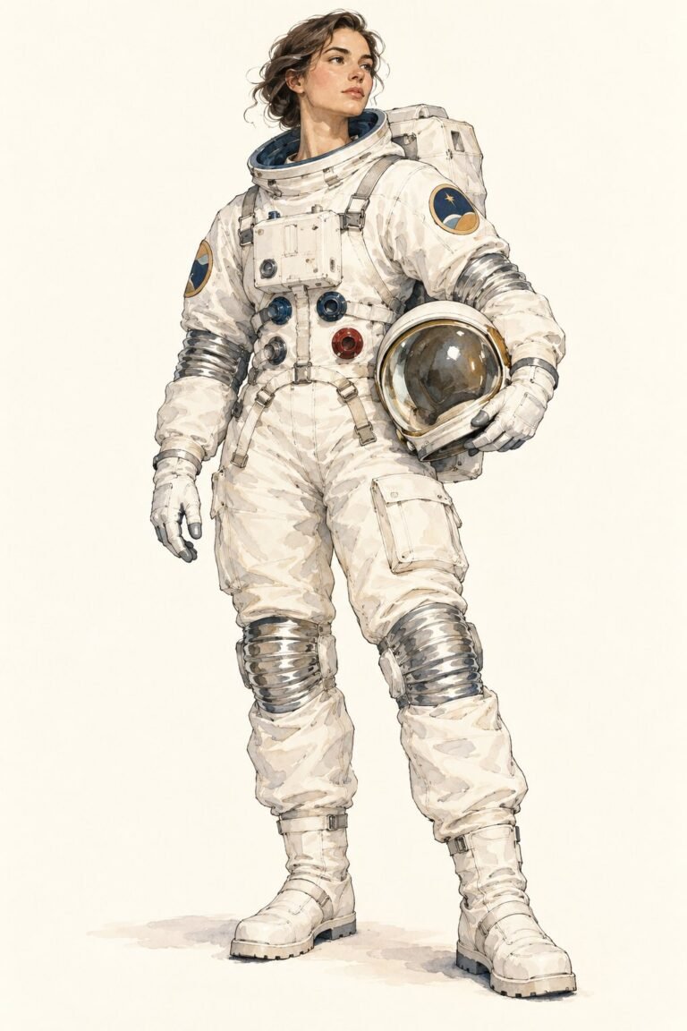 Illustration of an astronaut costume in the style of the Apollo era: a bulky white spacesuit with silver joints at the knees and elbows, plain generic mission patches with no text, white gloves, chunky white boots, a helmet with a clear visor held under one arm, a backpack life-support box.