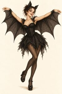Illustration of a bat costume: a young woman dressed all in black with a short black dress and black tights, large scalloped black bat wings attached from wrist to back with arms spread wide, a headband with pointed black bat ears, smoky dark eye makeup, small fangs, playful pose.