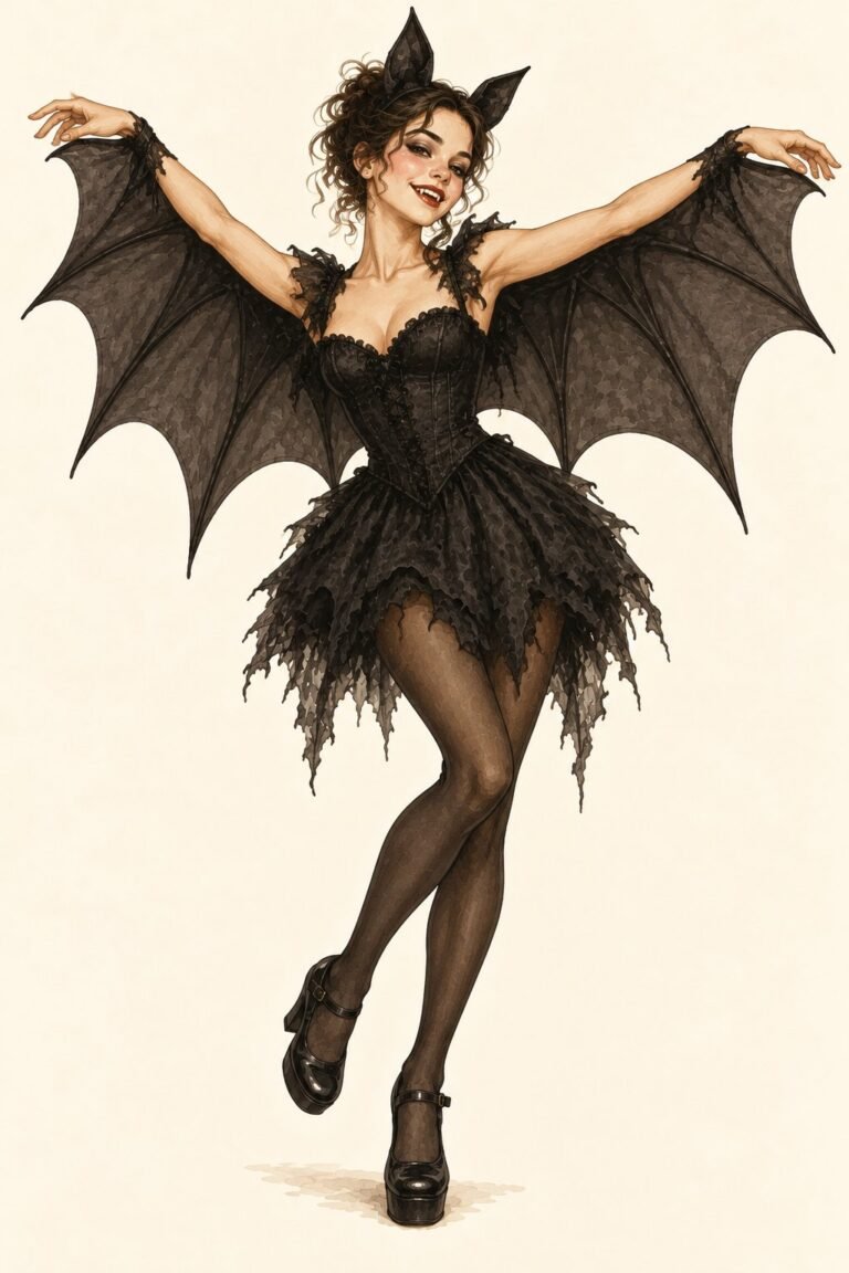 Illustration of a bat costume: a young woman dressed all in black with a short black dress and black tights, large scalloped black bat wings attached from wrist to back with arms spread wide, a headband with pointed black bat ears, smoky dark eye makeup, small fangs, playful pose.