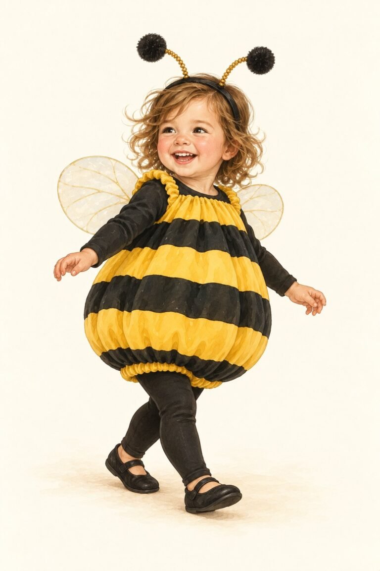 Illustration of a toddler in a puffy, round bumblebee costume with wide yellow and black stripes, small sheer white wings, an antenna headband with bobbing black pom-poms, black leggings and black shoes, a happy waddling pose.