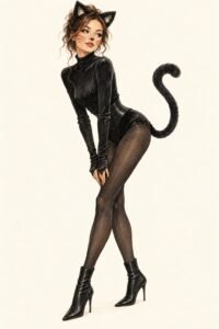 Illustration of a cat costume: a woman in an all-black outfit with black cat ears on a headband, a wired tail curving upward, winged eyeliner and drawn-on whiskers, black ankle boots, a playful pose.