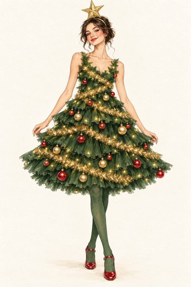 Illustration of a Christmas tree costume: a smiling woman in a flared green tiered dress wrapped in gold tinsel and fairy lights, decorated with red and gold baubles, with a gold star headband.