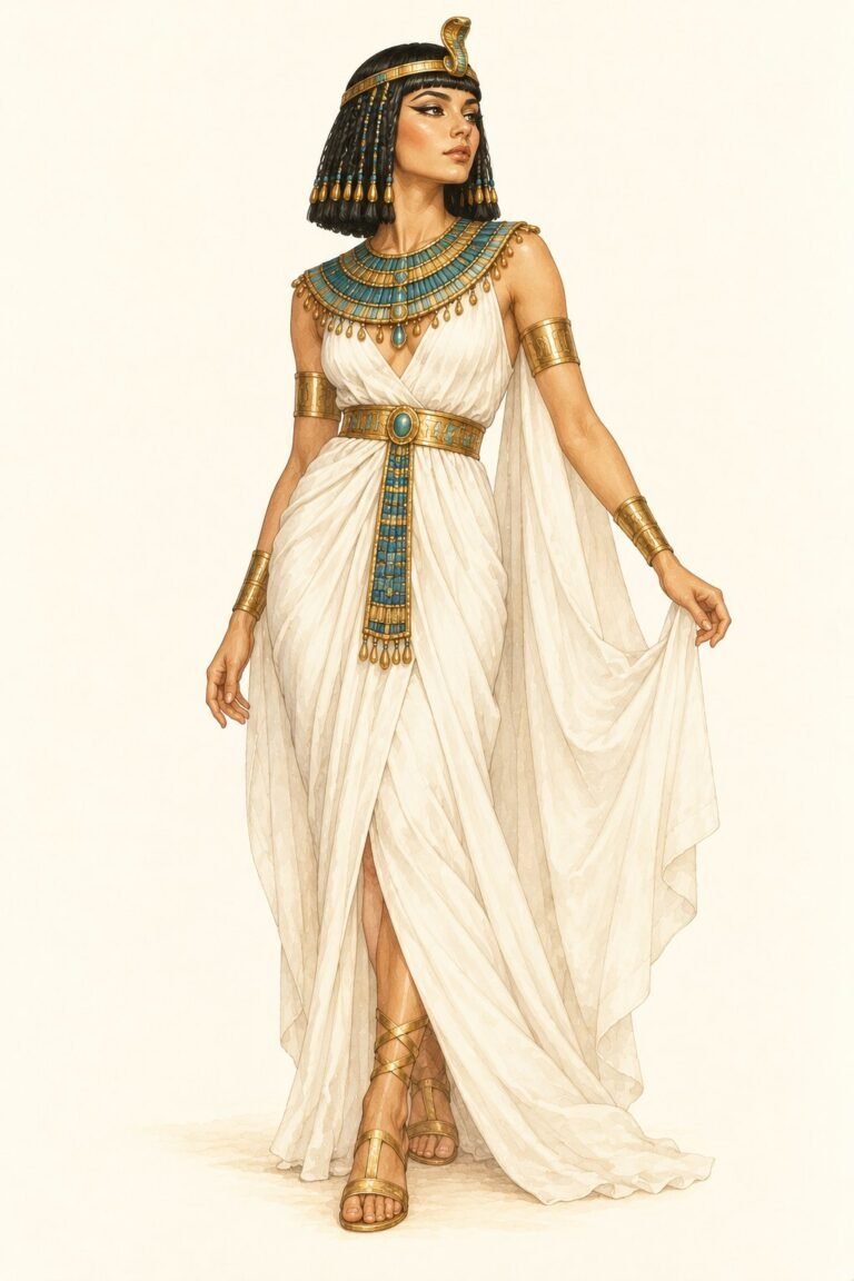 Illustration of a Cleopatra costume: a woman in a long plain white draped linen gown, a wide gold and turquoise beaded collar necklace, gold arm cuffs, a gold headpiece with a cobra at the front, a sleek blunt black bob with heavy bangs, dramatic winged eyeliner, gold sandals.