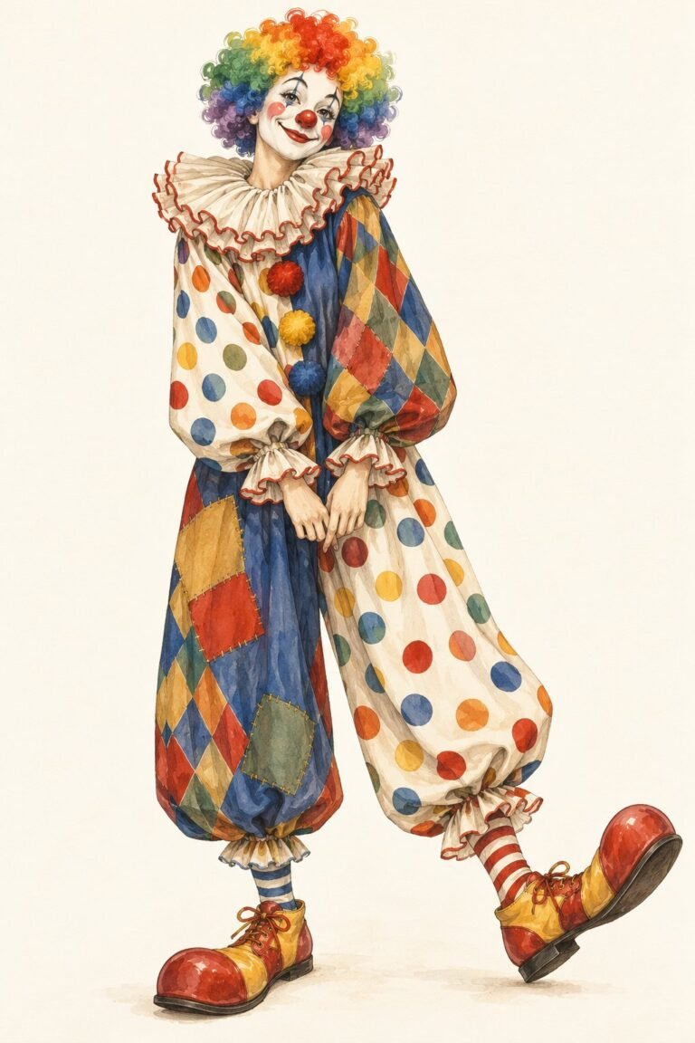 Illustration of a classic friendly circus clown costume: baggy polka-dot and patchwork jumpsuit, a big ruffled collar, oversized shoes, a curly rainbow wig, a red nose, white face makeup with a painted smile.