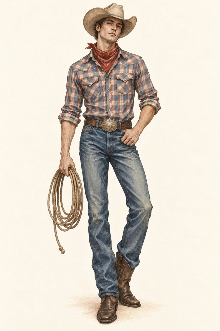 Illustration of a cowboy costume: a man in a felt cowboy hat, a plaid snap-front western shirt, a red bandana at the neck, jeans with a big belt buckle, leather cowboy boots, a coiled lasso in one hand.