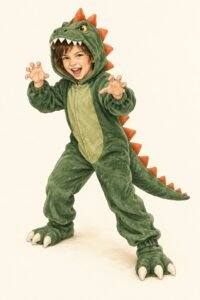 Illustration of a child in a cozy green hooded dinosaur costume with a friendly dinosaur face on the hood, orange triangular spikes running down the back to a long stuffed tail, clawed felt slippers, playful roaring pose.