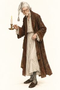 Illustration of an Ebenezer Scrooge costume: a thin scowling old man with round spectacles, a long gray nightshirt under a faded brown dressing gown, a tasseled nightcap and slippers, holding a lit candle.