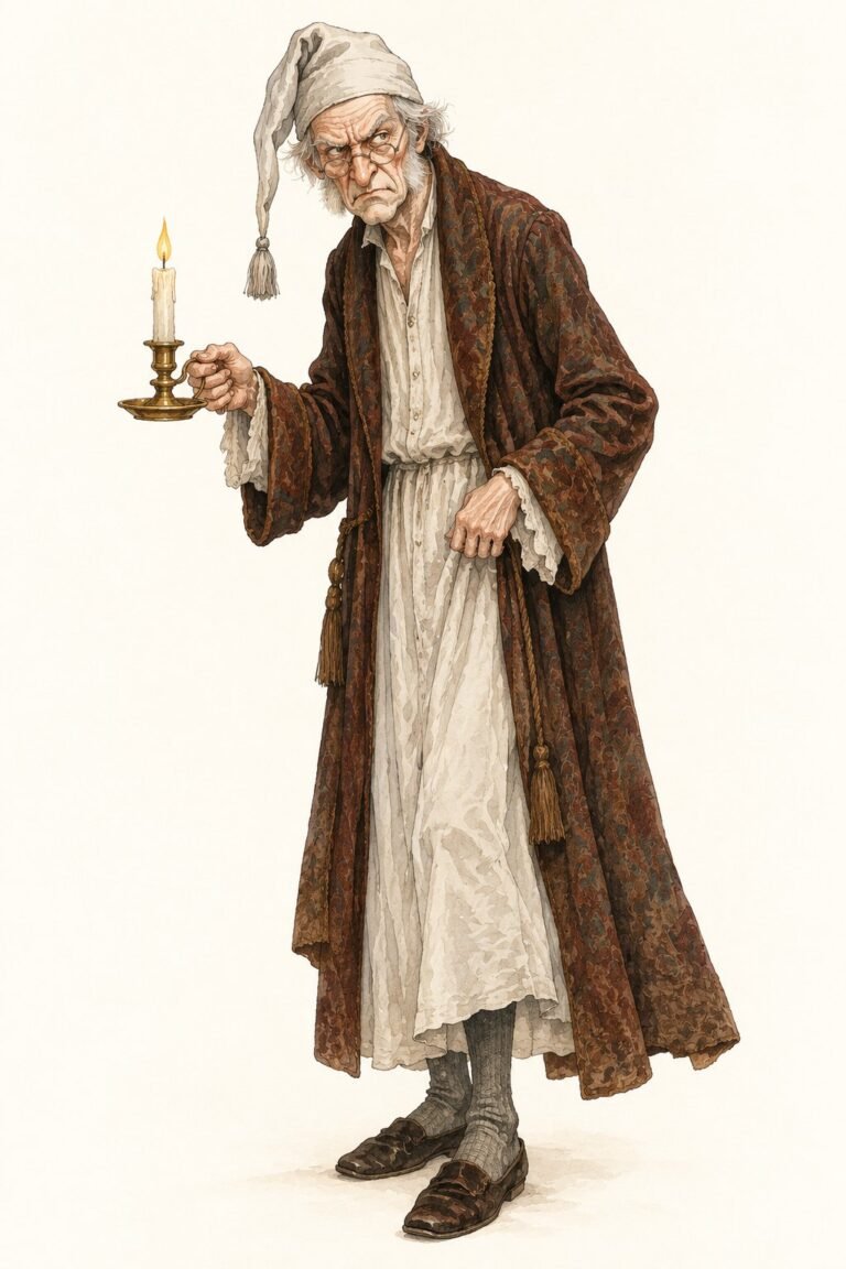 Illustration of an Ebenezer Scrooge costume: a thin scowling old man with round spectacles, a long gray nightshirt under a faded brown dressing gown, a tasseled nightcap and slippers, holding a lit candle.