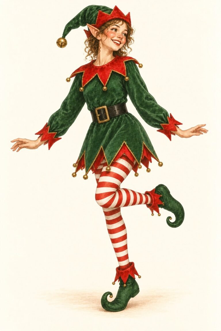 Illustration of a Christmas elf costume: a cheerful person in a green tunic with a red zigzag pointed hem and collar, a black belt with a gold buckle, red and white striped tights, a pointy green hat with a red trim and a jingle bell, pointed ears, curled-toe felt shoes.