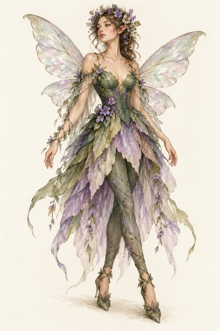 Illustration of a fairy costume: a woman in a layered dress with jagged petal-shaped hem in leaf green and lavender, sheer iridescent wings, a flower crown, pointed ears, leggings, light shimmer on the shoulders.