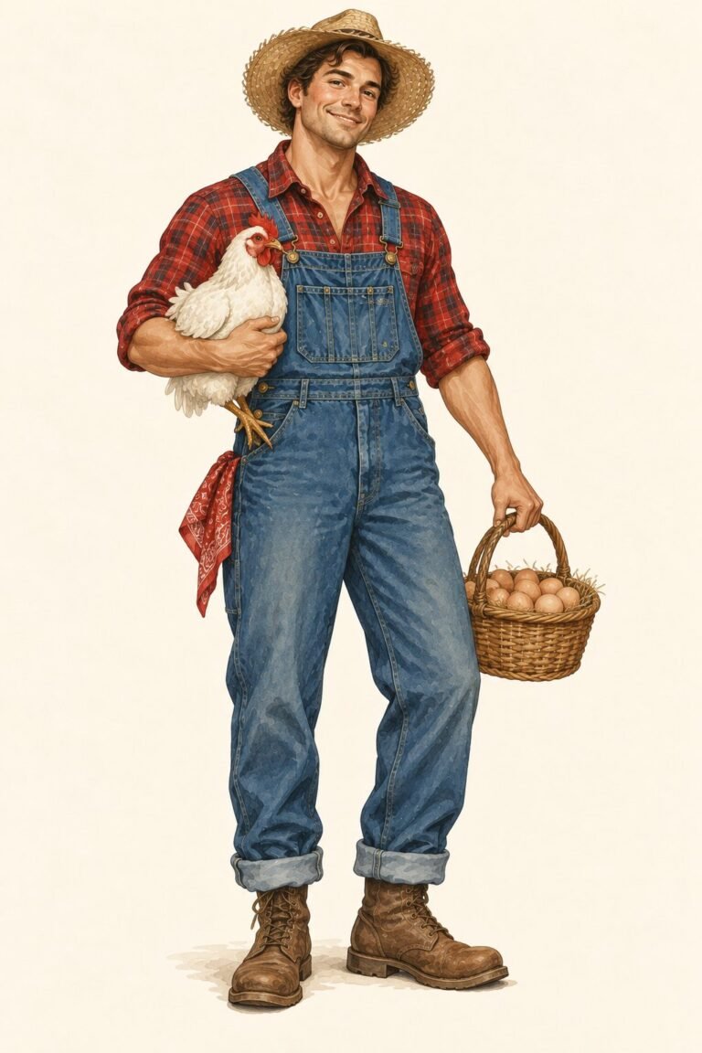 Illustration of a farmer costume: a smiling man in blue denim overalls over a red plaid flannel shirt with sleeves rolled, a straw hat, a red bandana in the back pocket, brown work boots, holding a white chicken under one arm and a small wicker basket of brown eggs.