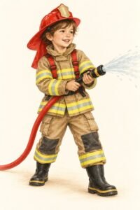 Illustration of a child in a firefighter costume: a tan turnout coat and pants with bright yellow-silver reflective stripes, red suspenders, a red firefighter helmet with a long back brim and a plain shield badge with no text, black rubber boots, holding a small toy hose.
