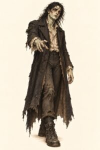 Illustration of a patchwork creature costume inspired by Mary Shelley's novel: a tall gaunt man with long wild black hair, pale gray-green skin and stitched scars on the cheek, wearing a ragged dark greatcoat with sleeves too short, an open linen shirt, dark trousers and heavy boots, one hand reaching forward.