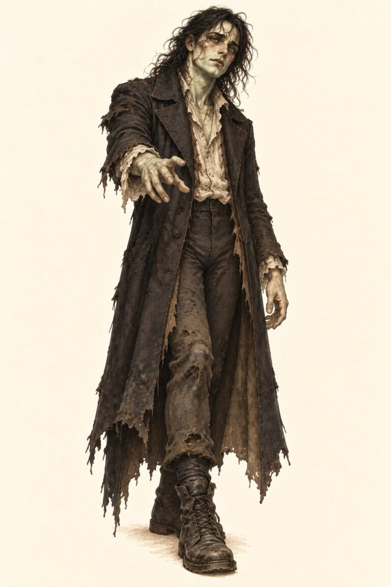 Illustration of a patchwork creature costume inspired by Mary Shelley's novel: a tall gaunt man with long wild black hair, pale gray-green skin and stitched scars on the cheek, wearing a ragged dark greatcoat with sleeves too short, an open linen shirt, dark trousers and heavy boots, one hand reaching forward.