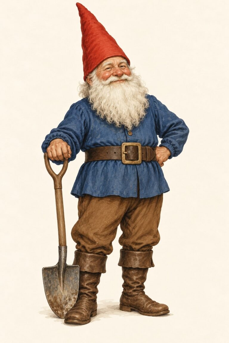 Illustration of a garden gnome costume: a jolly man with a big round fluffy white beard, rosy cheeks and nose, a tall stiff pointed red felt hat, a blue long-sleeve shirt, a wide brown belt with a large brass buckle, brown trousers tucked into brown boots, holding a small garden shovel.