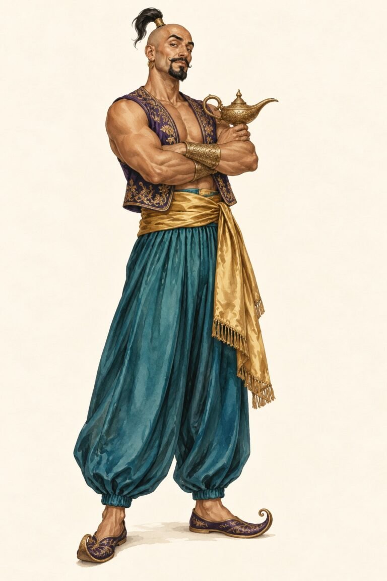 Illustration of a classic genie costume: a bald man with a small black topknot ponytail on top of his head, a short open purple embroidered vest, loose teal harem pants gathered at the ankle, a wide gold satin sash, gold cuffs on both wrists, curled slippers, holding an ornate gold oil lamp, arms crossed, no blue skin.