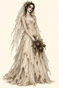 Illustration of a ghost bride costume: a pale young woman with gray-white skin and dark hollow eyes, wearing a long faded ivory lace wedding gown with a ragged torn hem, a long torn veil hanging crookedly from loose messy dark hair, holding a bouquet of wilted dead roses, an eerie still stance.
