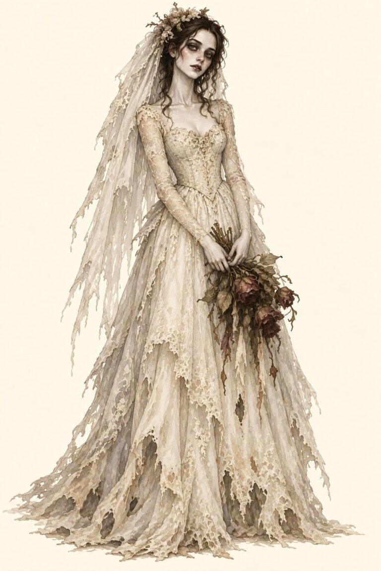 Illustration of a ghost bride costume: a pale young woman with gray-white skin and dark hollow eyes, wearing a long faded ivory lace wedding gown with a ragged torn hem, a long torn veil hanging crookedly from loose messy dark hair, holding a bouquet of wilted dead roses, an eerie still stance.