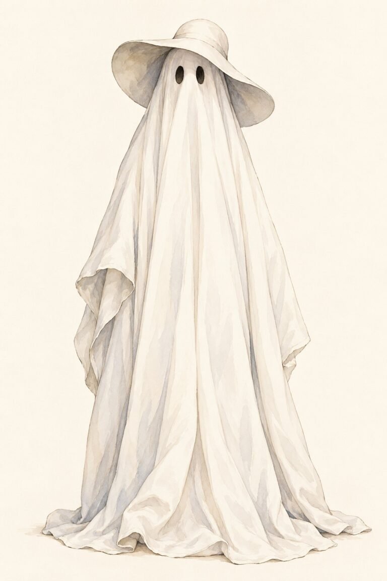 Illustration of a classic sheet ghost costume: a figure under a long flowing white sheet that just brushes the floor, two cut-out eye holes, a wide-brimmed hat under the sheet giving it a rounded shape, playful rather than scary.