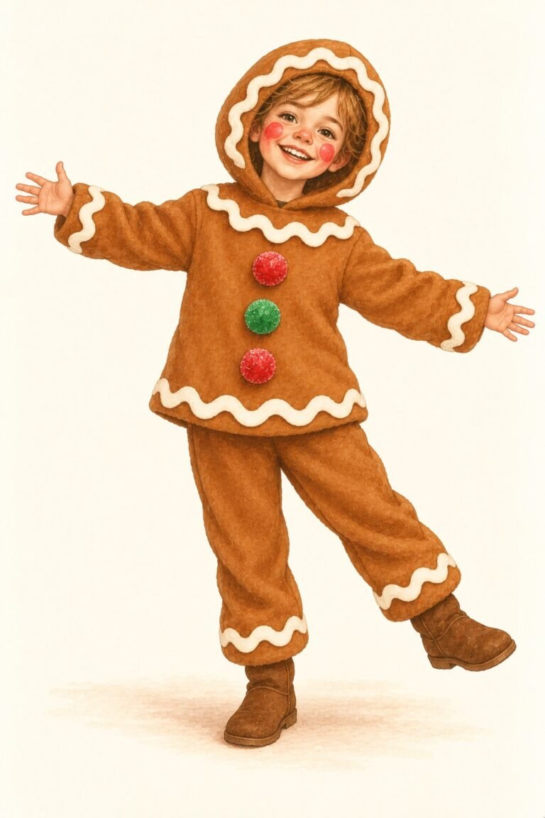 Illustration of a gingerbread man costume: a child in a cookie-brown sweatshirt and pants with wavy white icing rickrack trim at the neck, wrists, waist and ankles, three big round gumdrop buttons in red and green down the front, rosy pink cheeks, a big smile, arms out.