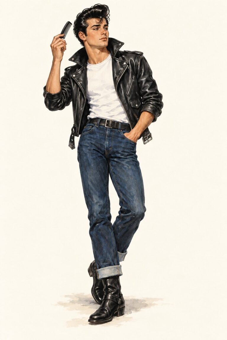 Illustration of a 1950s greaser costume: a young man with slick black pomaded hair in a pompadour, a fitted white T-shirt with sleeves rolled once, a black leather motorcycle jacket with the collar flipped up, dark cuffed blue jeans, black boots, a comb in one hand, a confident lean.