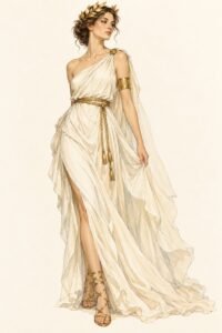 Illustration of a Greek goddess costume: a woman in an ivory draped one-shoulder gown pinned at the shoulder, a gold rope belt, a gold leaf crown, a gold arm cuff, strappy gold sandals.