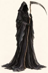Illustration of a Grim Reaper costume: a tall figure in a floor-length black hooded robe with a deep hood casting the face in total shadow, black gloves, holding a long curved scythe with a wooden handle, the hem of the robe pooling slightly on the ground.