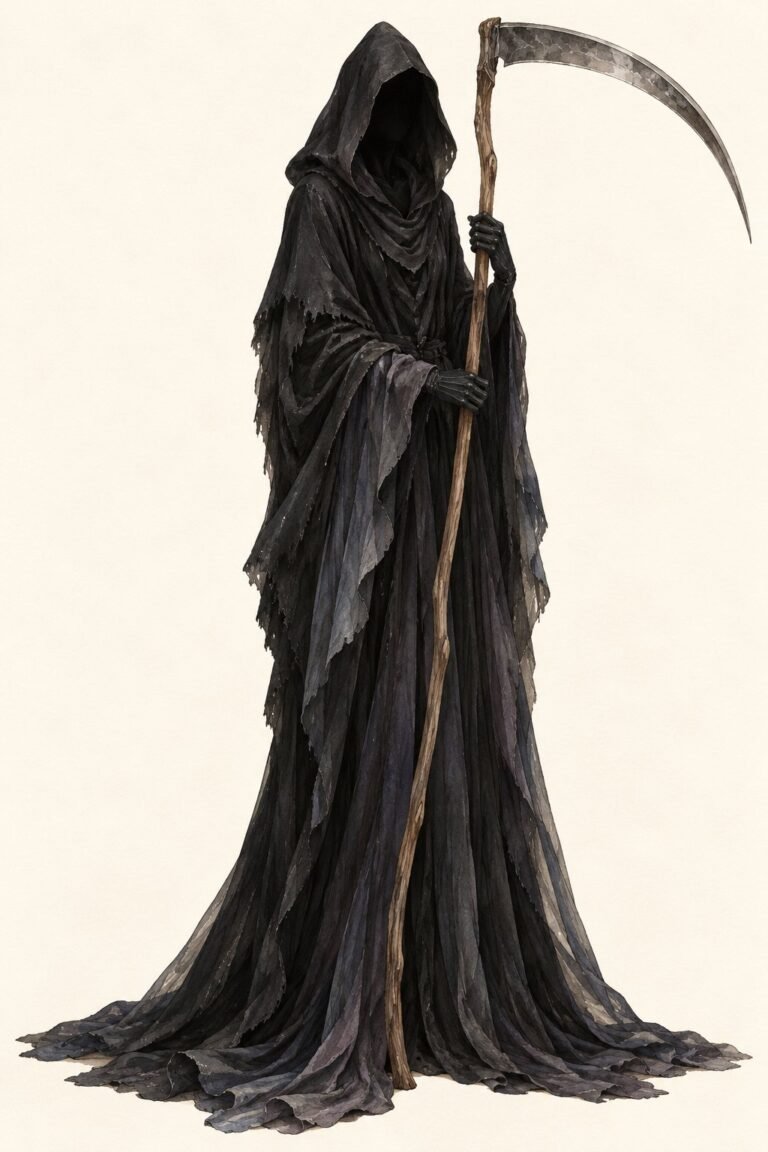 Illustration of a Grim Reaper costume: a tall figure in a floor-length black hooded robe with a deep hood casting the face in total shadow, black gloves, holding a long curved scythe with a wooden handle, the hem of the robe pooling slightly on the ground.