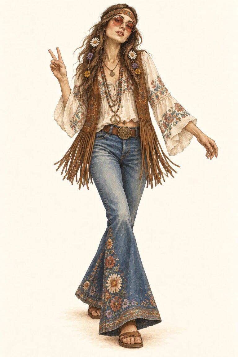 Illustration of a late-1960s hippie costume: a woman with long center-parted hair and a headband across the forehead, round tinted sunglasses, a peasant blouse, a fringed suede vest, bell-bottom jeans, love beads, flowers in her hair, sandals.