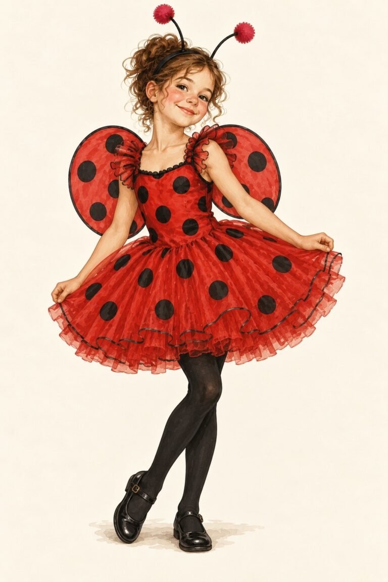 Illustration of a ladybug costume: a young girl in a red tutu dress covered with round black spots, small rounded red wings with black spots on her back, black tights, black shoes, a headband with two black antennae topped with pom-poms, rosy cheeks, a cheerful pose.