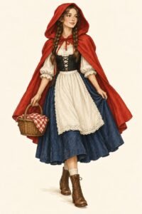 Illustration of a Little Red Riding Hood costume: a young woman in a bright red hooded cape reaching to the knees with the hood up, a white peasant blouse, a black lace-up bodice belt, a navy skirt, a white apron, long brown braids showing from the hood, carrying a small wicker basket with a red and white checked napkin.
