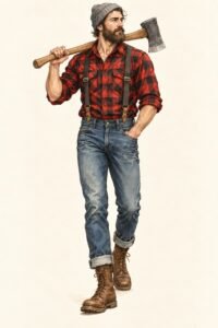 Illustration of a lumberjack costume: a bearded man in a red and black buffalo-check flannel shirt with sleeves rolled to the elbow, dark suspenders, rolled-cuff blue jeans, brown lace-up work boots, a gray knit beanie, a wooden-handled axe resting on one shoulder.