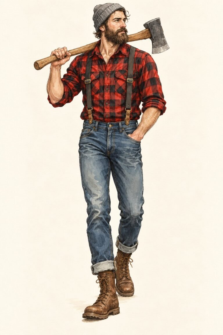 Illustration of a lumberjack costume: a bearded man in a red and black buffalo-check flannel shirt with sleeves rolled to the elbow, dark suspenders, rolled-cuff blue jeans, brown lace-up work boots, a gray knit beanie, a wooden-handled axe resting on one shoulder.