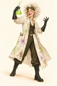 Illustration of a mad scientist costume: a person in a stained, oversized white lab coat with rolled sleeves, wild frizzy white hair, big brass goggles pushed up on the forehead, long black rubber gloves, holding a flask with glowing green liquid, a gleeful expression.