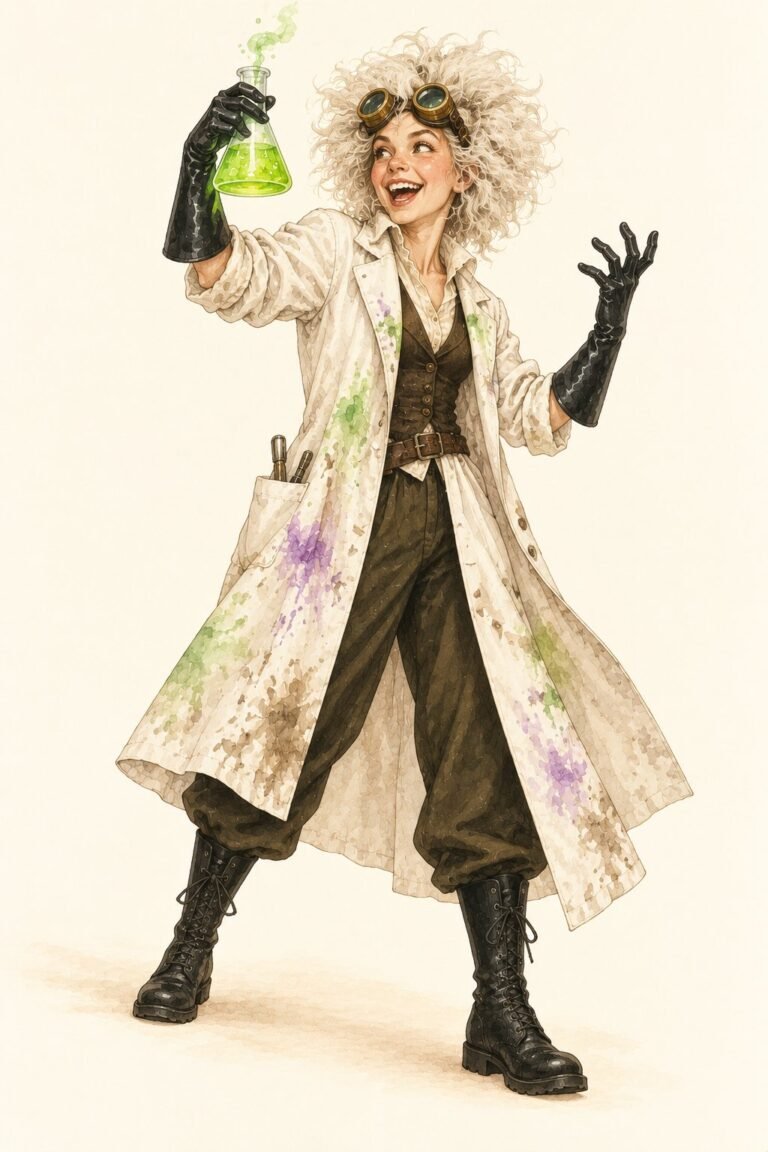 Illustration of a mad scientist costume: a person in a stained, oversized white lab coat with rolled sleeves, wild frizzy white hair, big brass goggles pushed up on the forehead, long black rubber gloves, holding a flask with glowing green liquid, a gleeful expression.
