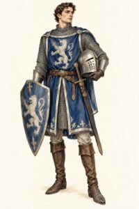 Illustration of a medieval knight costume: a man in a chainmail shirt under a blue and silver tunic with a lion emblem, a belt with a sheathed sword, holding a shield and a silver helmet under one arm, tall boots.