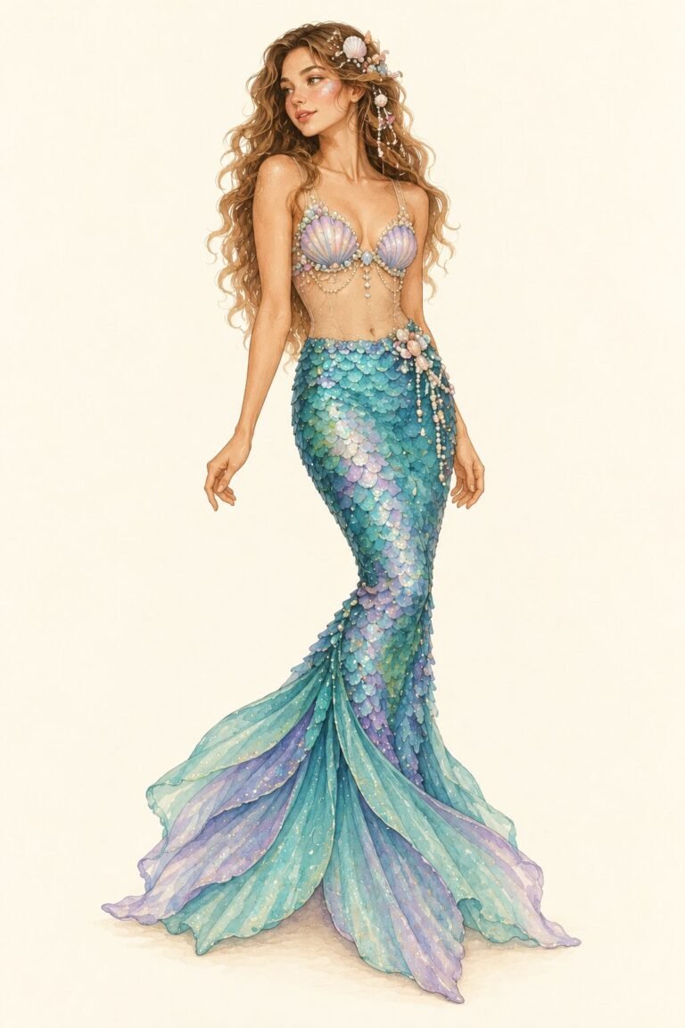 Illustration of a mermaid costume: a woman in a fitted teal and purple sequin fishtail skirt that flares at the ankles into a fin, a seashell top over a fitted nude tank top, long loose wavy hair with small shells and pearls clipped in, family-friendly.