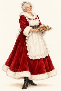 Illustration of a Mrs. Claus costume: a smiling older woman with a gray-white bun and round glasses, a long red velvet dress with white fur trim, a ruffled white apron, a black belt and boots, holding a plate of cookies.