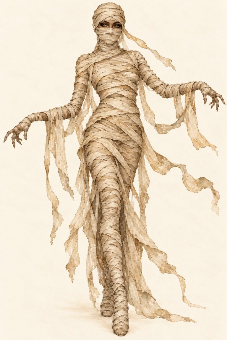 Illustration of a mummy costume: a figure wrapped head to toe in tea-stained, yellowed linen strips with loose trailing ends, dark eyes peeking out between the wraps, arms slightly outstretched.