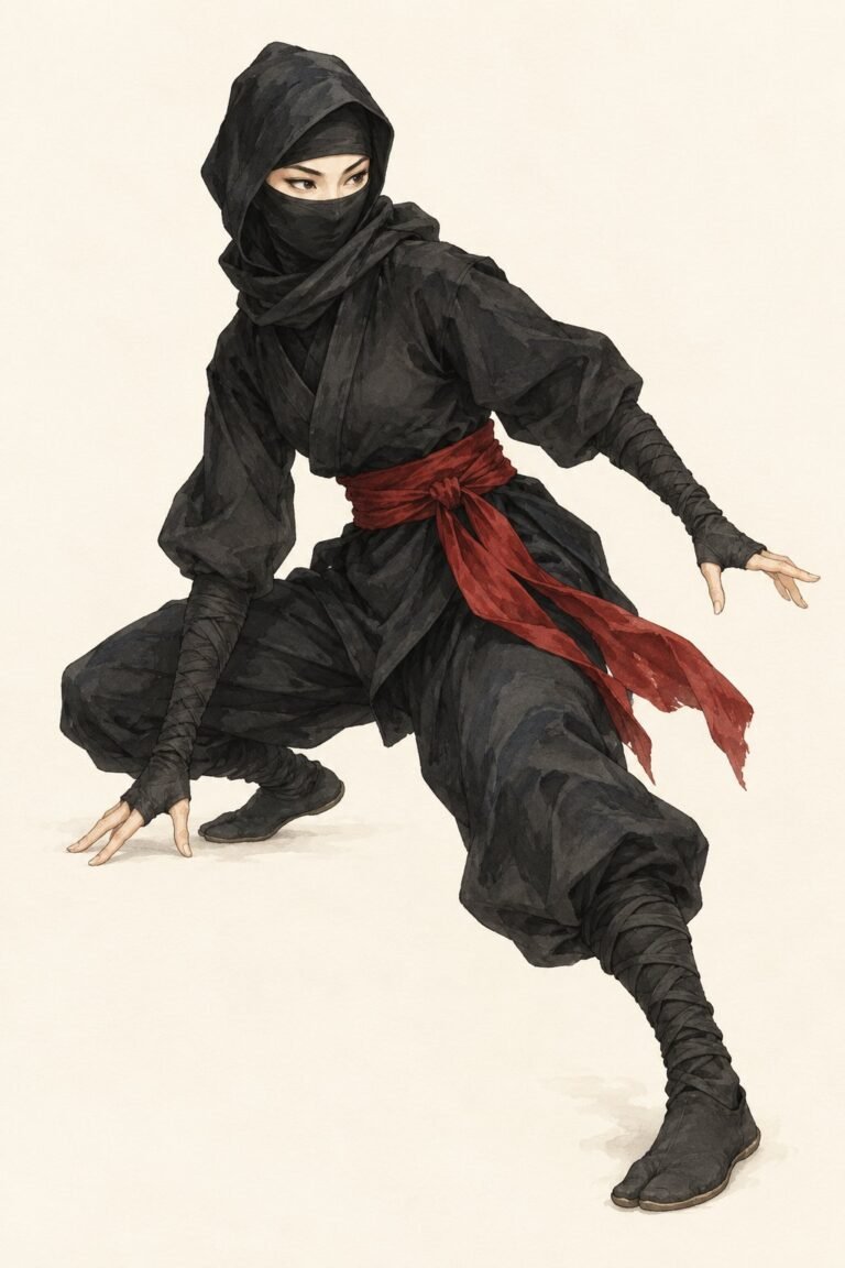 Illustration of a ninja costume: a person in a black wrap jacket and loose black pants gathered at the ankle, a black hood with a face wrap showing only the eyes, a wide red sash belt, black arm wraps, soft black shoes, a crouched ready stance, holding nothing.