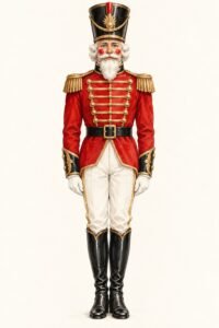 Illustration of a nutcracker costume: a man standing at attention in a red military jacket with gold braid and epaulettes, white trousers, tall black boots, white gloves, a tall black hat, a white beard and rosy cheeks.