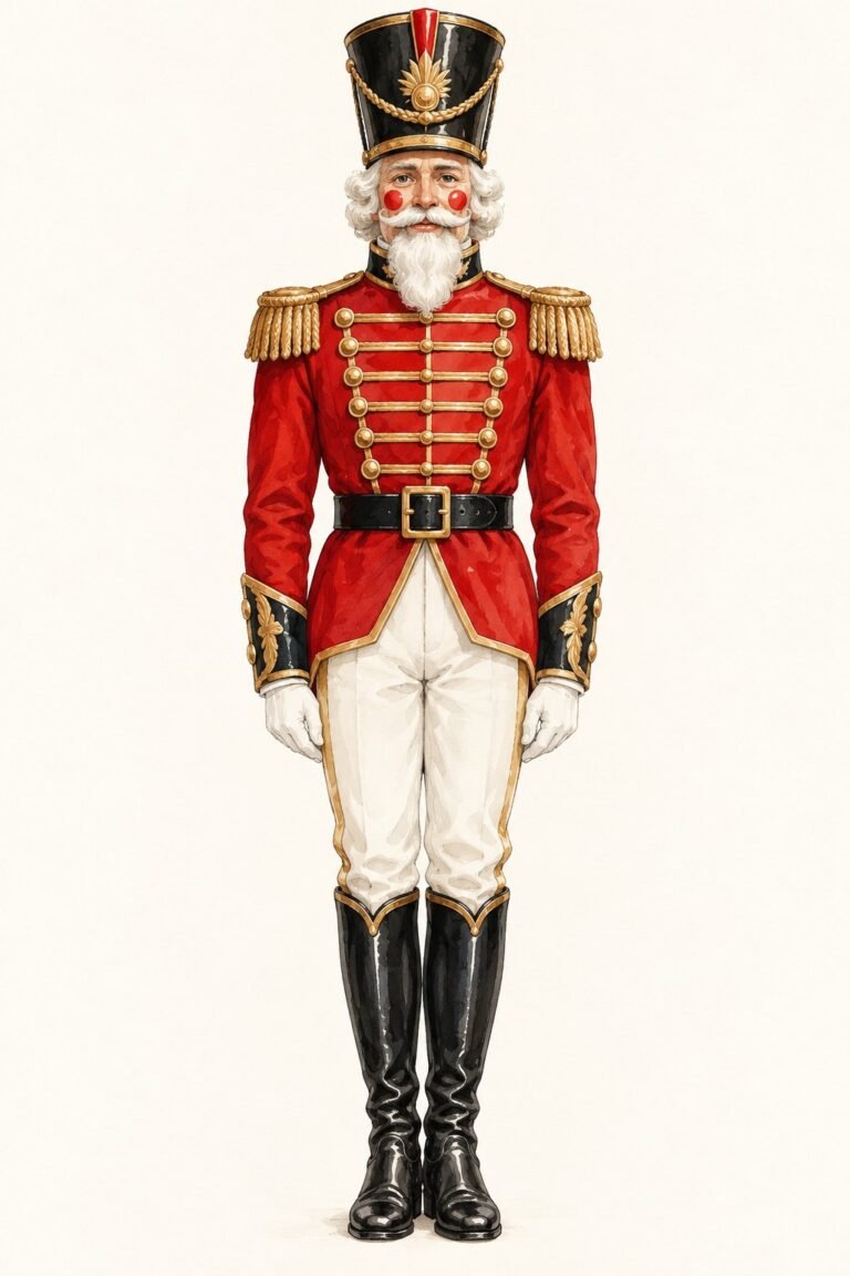Illustration of a nutcracker costume: a man standing at attention in a red military jacket with gold braid and epaulettes, white trousers, tall black boots, white gloves, a tall black hat, a white beard and rosy cheeks.