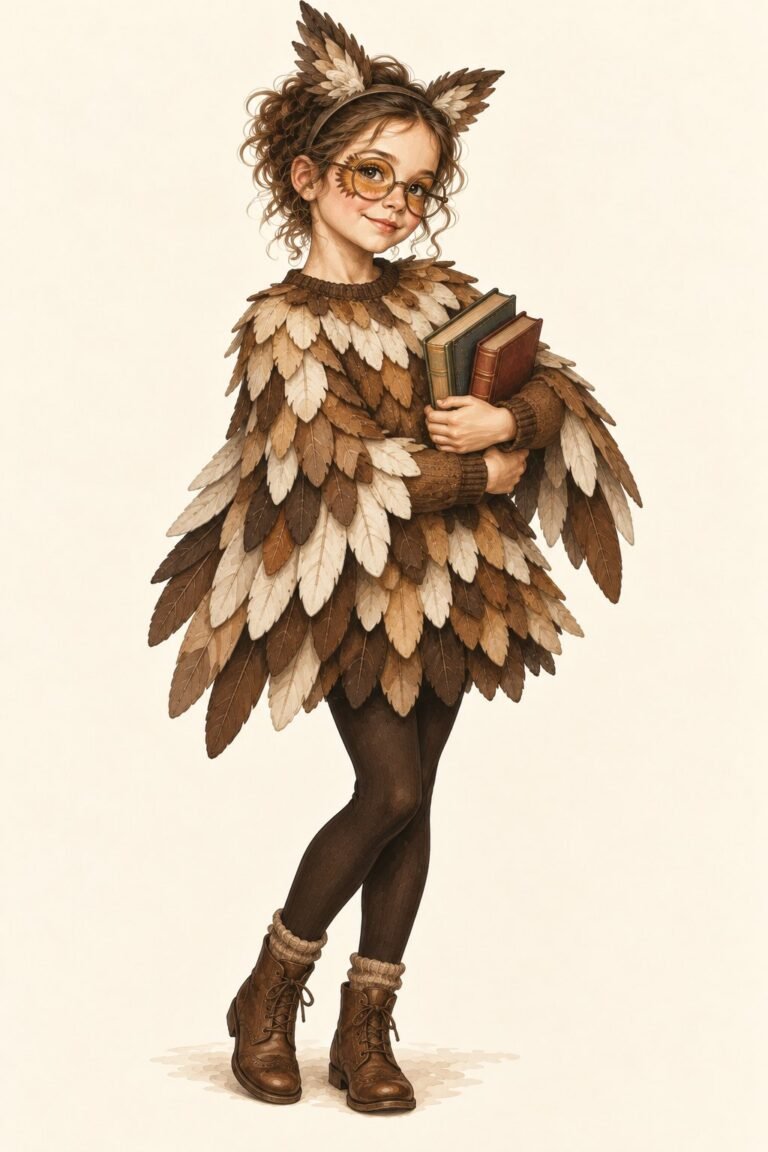 Illustration of an owl costume: a young girl in a brown sweater covered in overlapping rows of felt feathers in cream, tan and brown, small felt wings at her sleeves, a headband with two pointed ear tufts, round glasses with brown and gold eye makeup around them, holding a small stack of books.